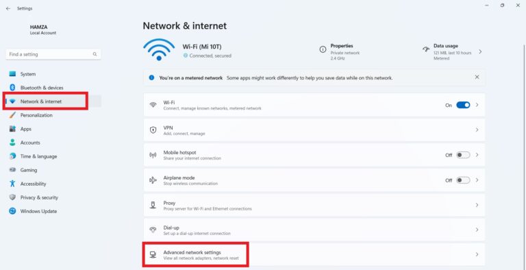 Open advanced network settings