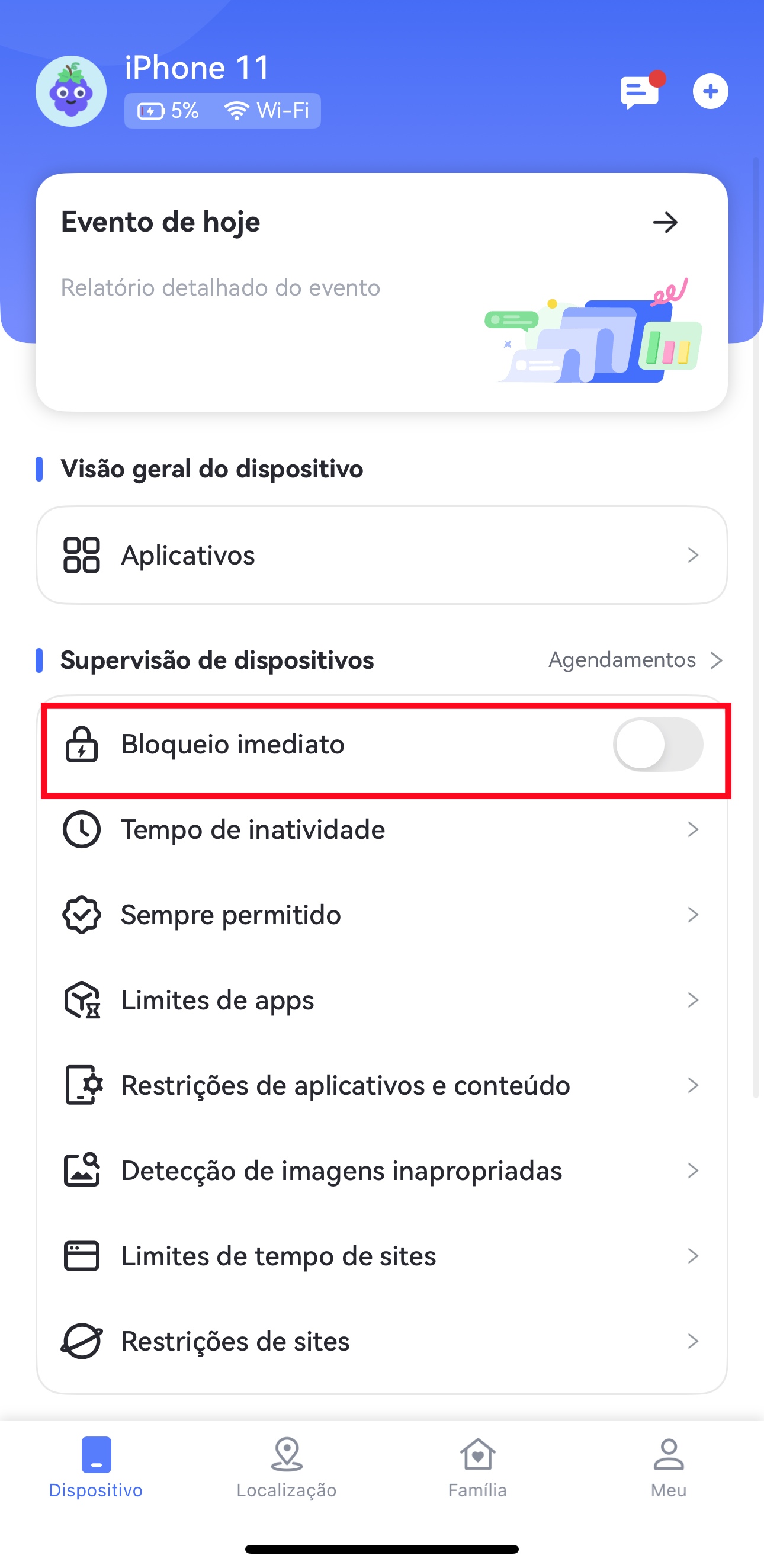 toque em Bloqueio imediato