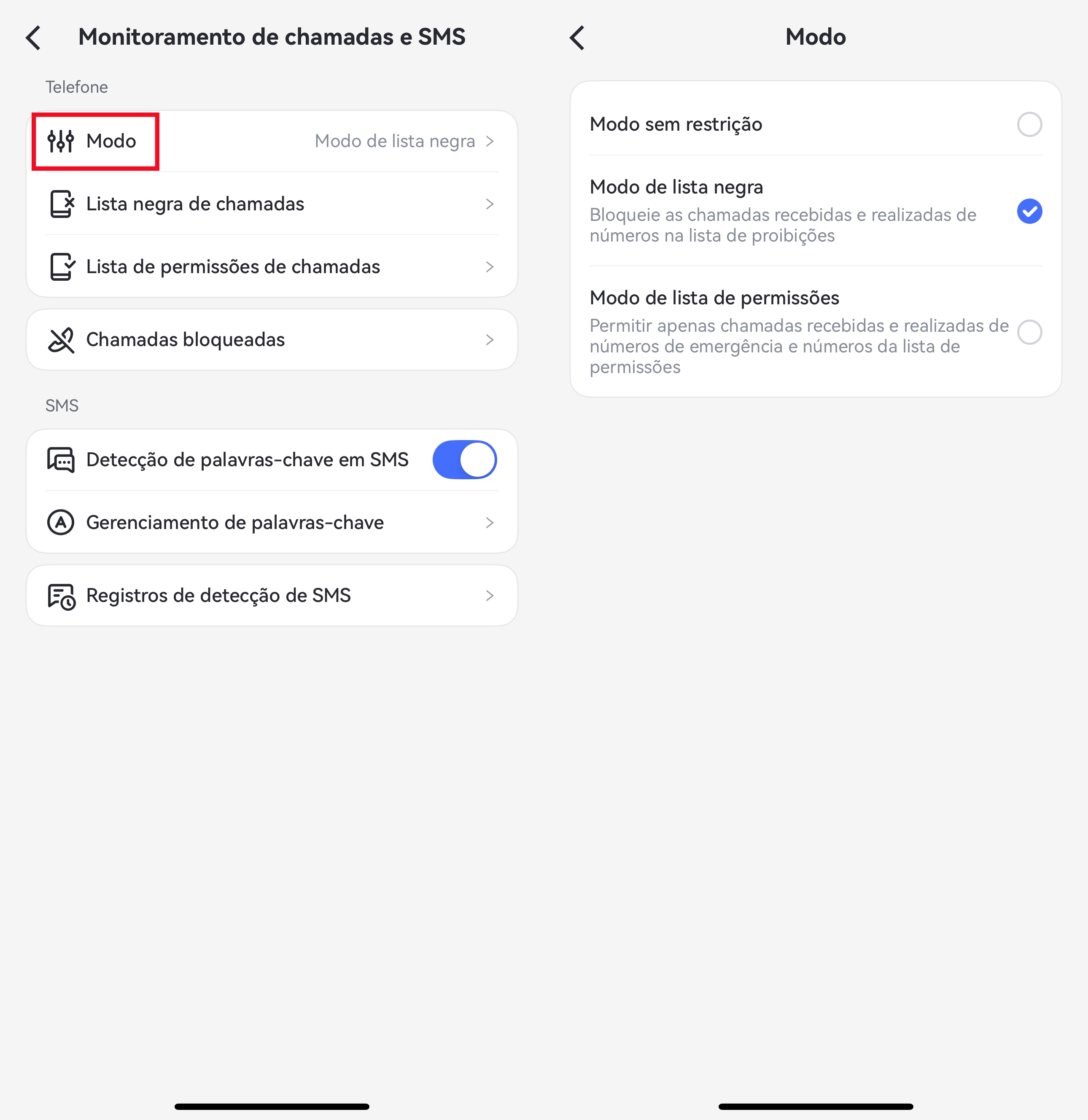 selecione o modo para gerenciamento de chamadas
