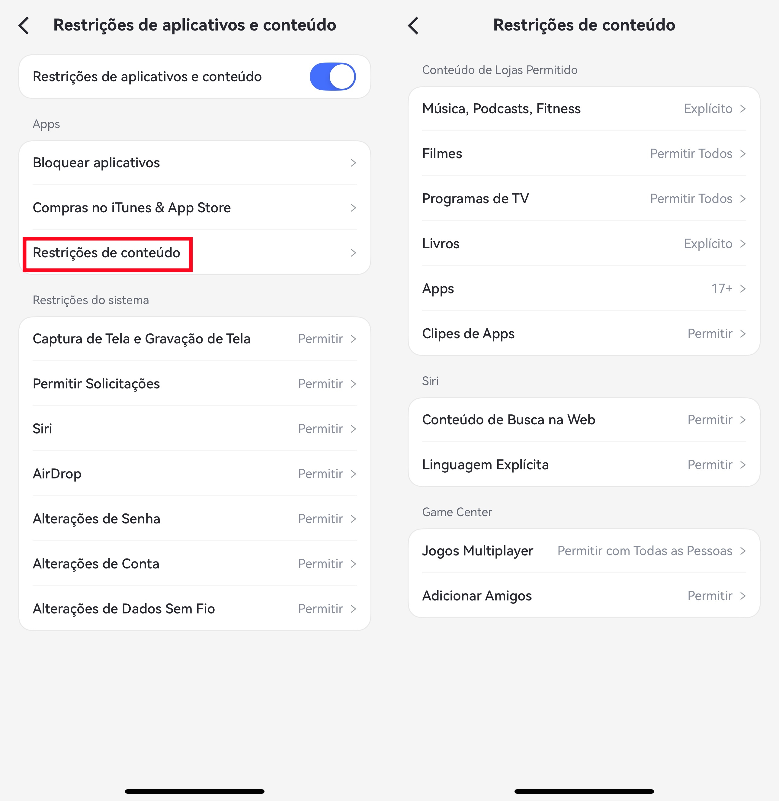 restrições de aplicativos e conteúdo
