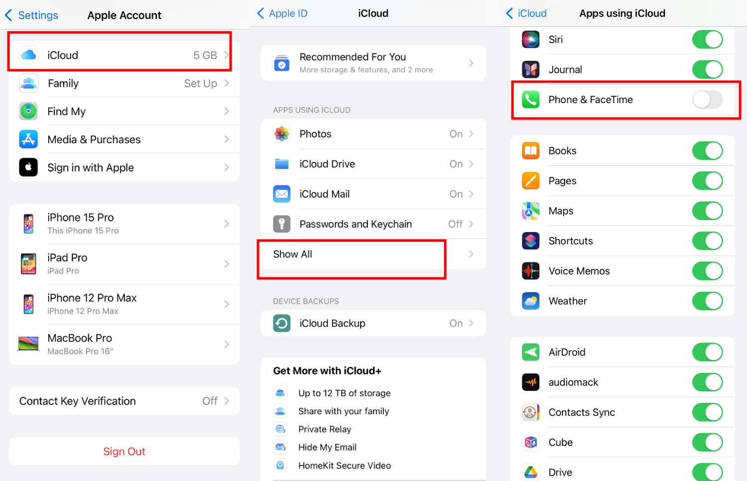 Desativar sincronização do Telefone e FaceTime no iPhone