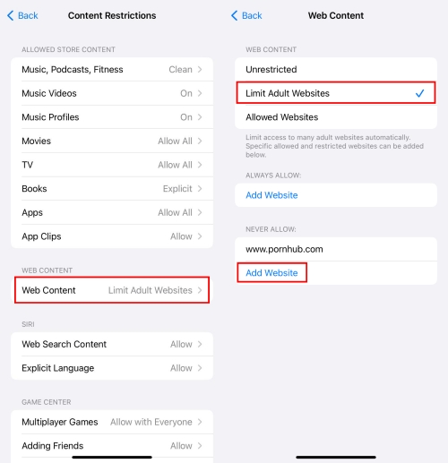 スクリーンタイムでアダルトウェブサイトを制限