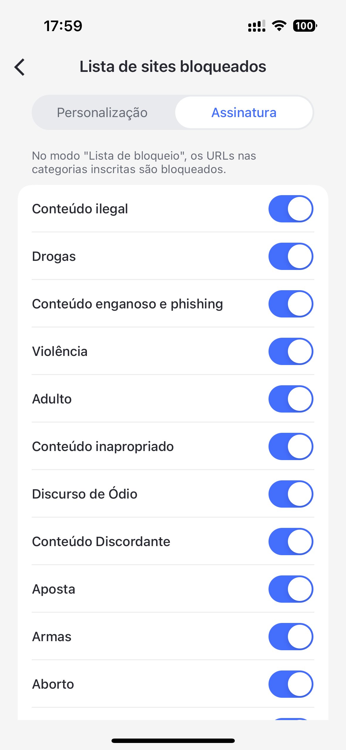 lista de url bloqueados