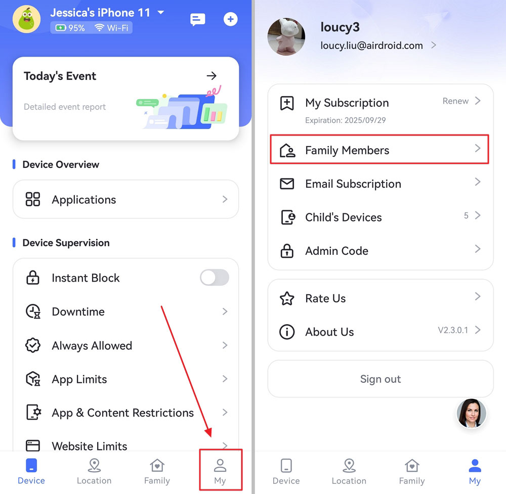 select family members from my ios