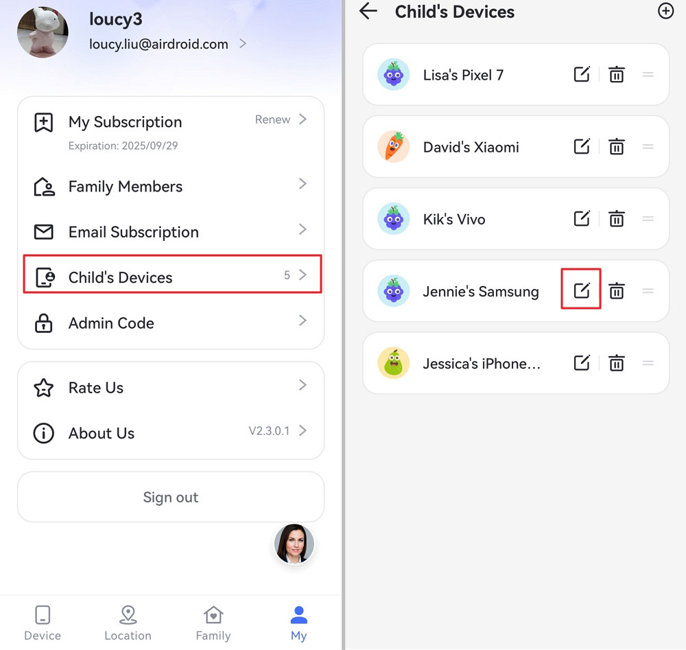 tap edit icon from childs devices android