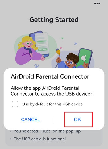 tap OK on Android to let AirDroid Parental Connector access the USB device