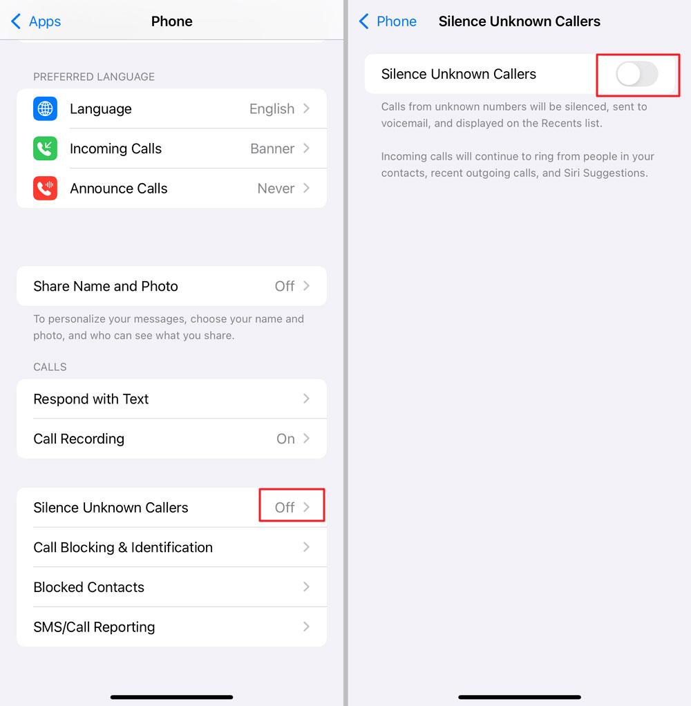 Ative a função de silenciar chamadas desconhecidas