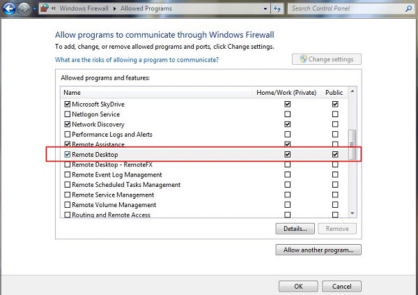 Windows 7 Permitir Firewall de Escritorio Remoto