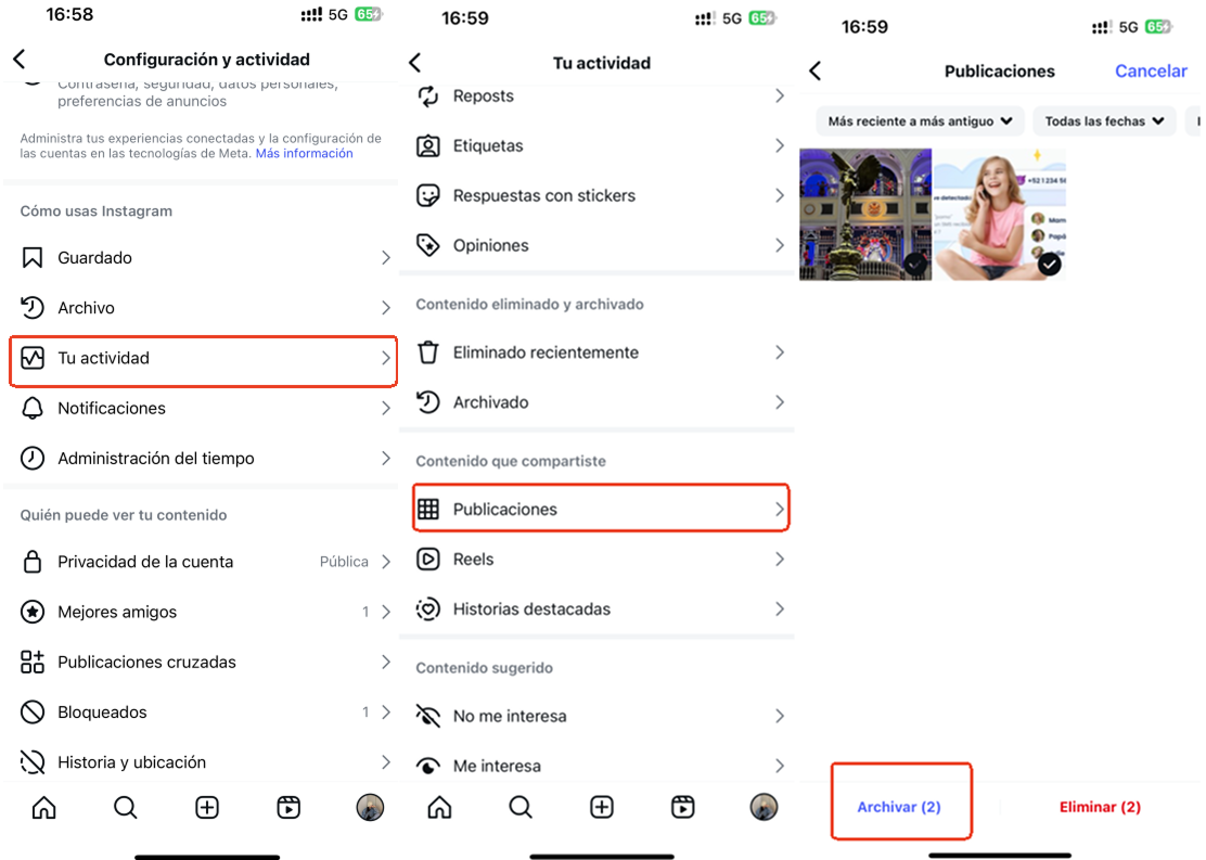 archivar varias publicaciones en instagram