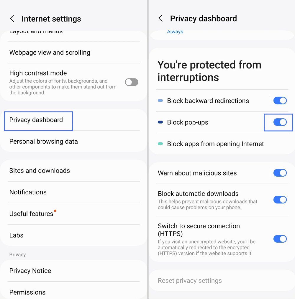 Samsung Internetでポップアップをブロックする
