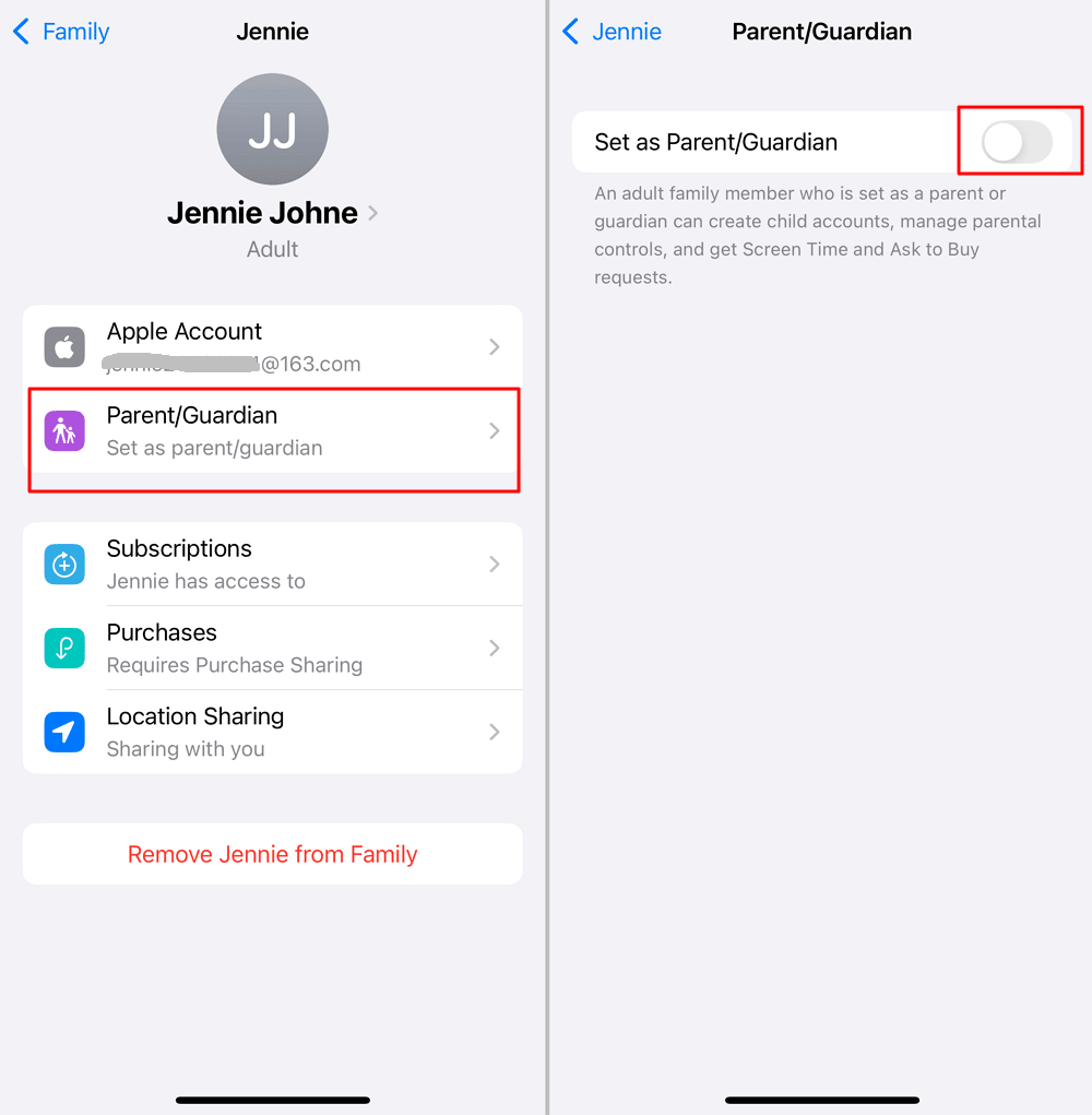 تغيير شخص بالغ إلى أحد الوالدين/الوصي