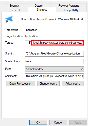 chrome kiosk target url