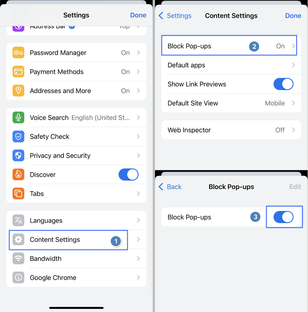 iPhoneでChromeのポップアップブロックを無効にする