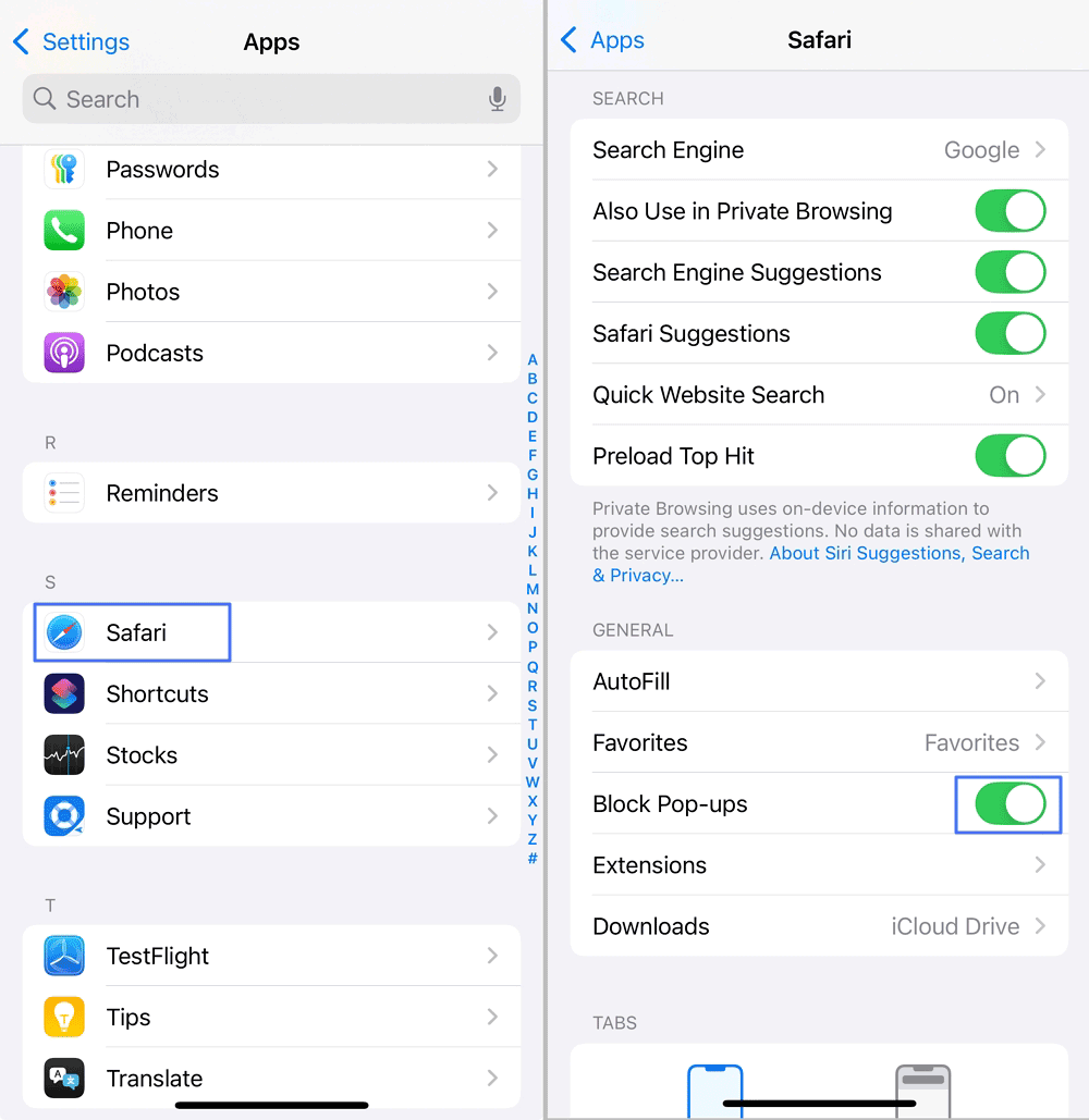 Safari iPhoneでポップアップのブロックを無効にする