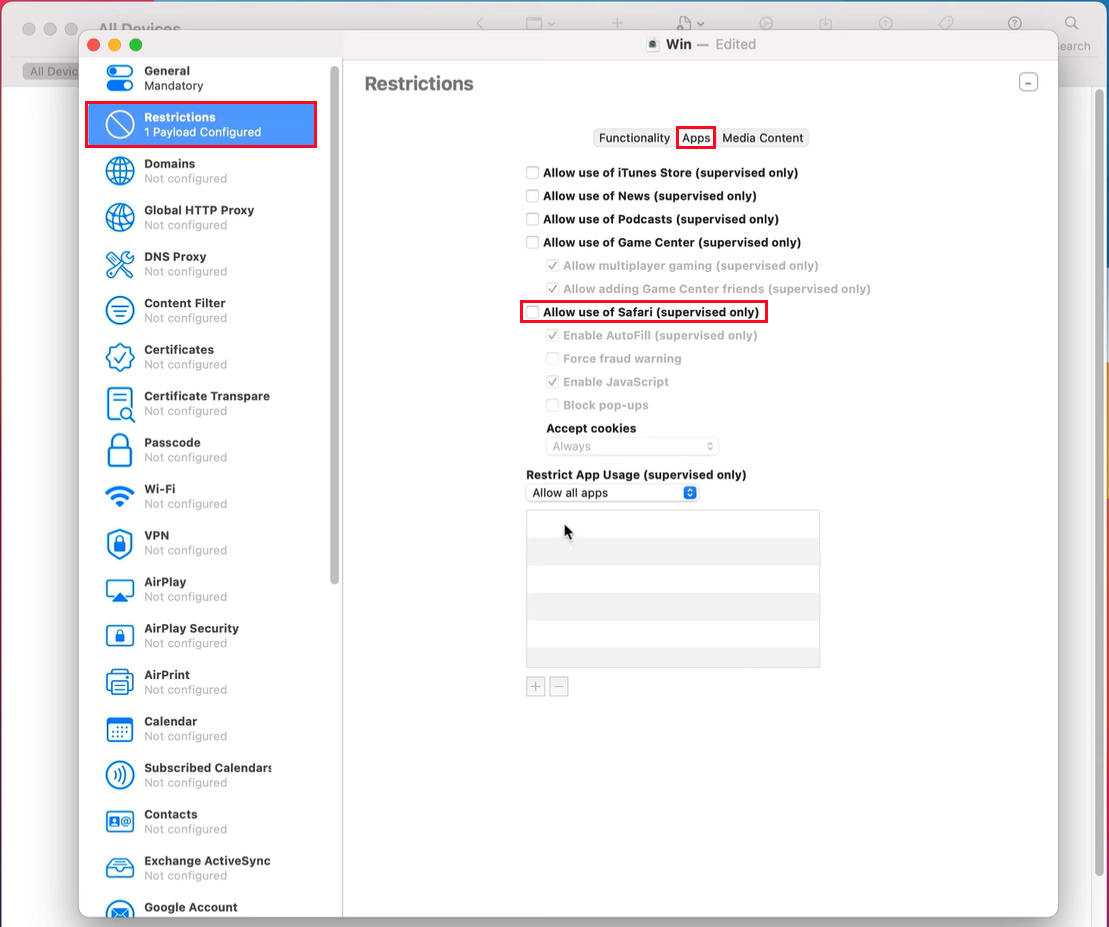 disable Safari on iPhone via Mac