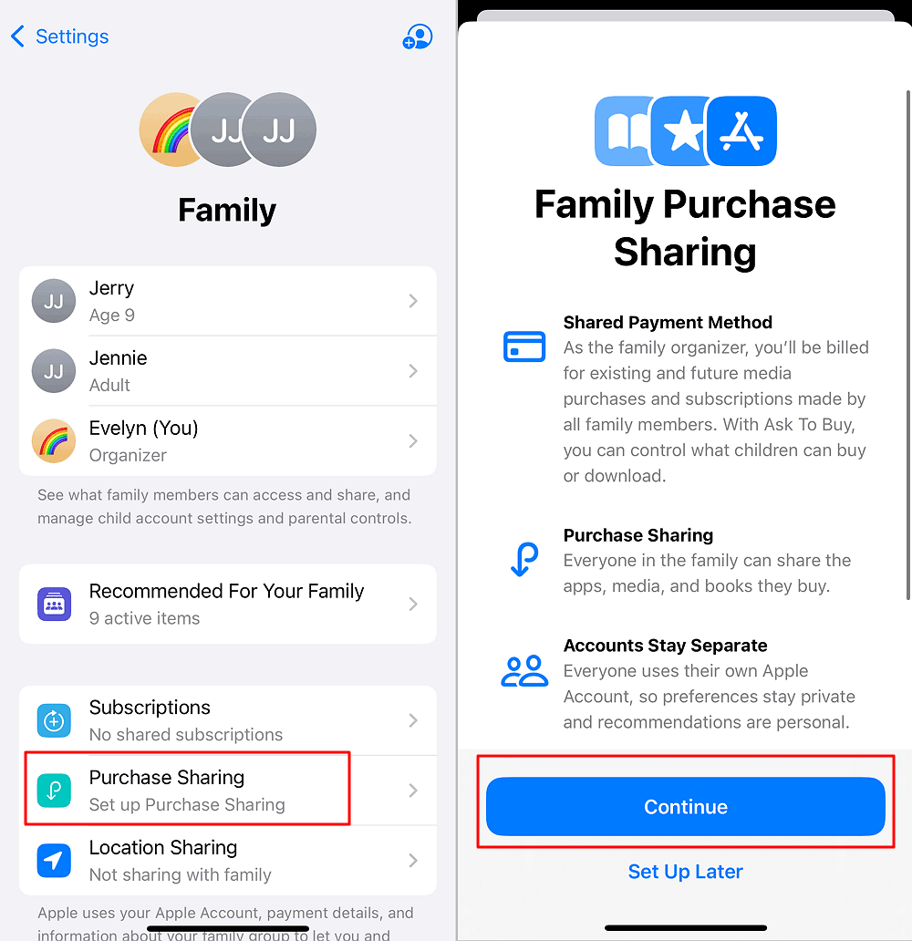 مشاركة التطبيقات والمشتريات