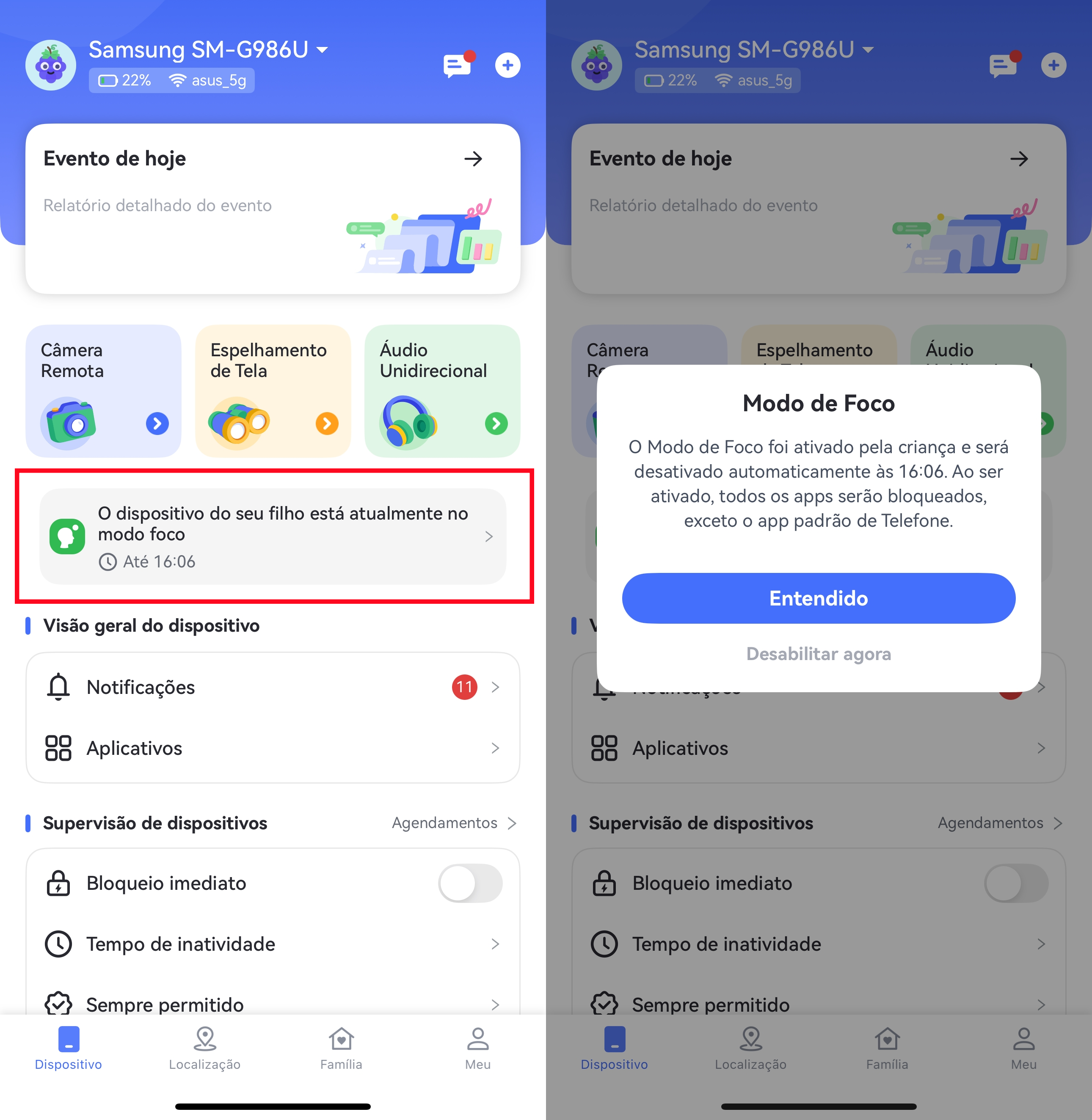 gerenciar modo foco da criança