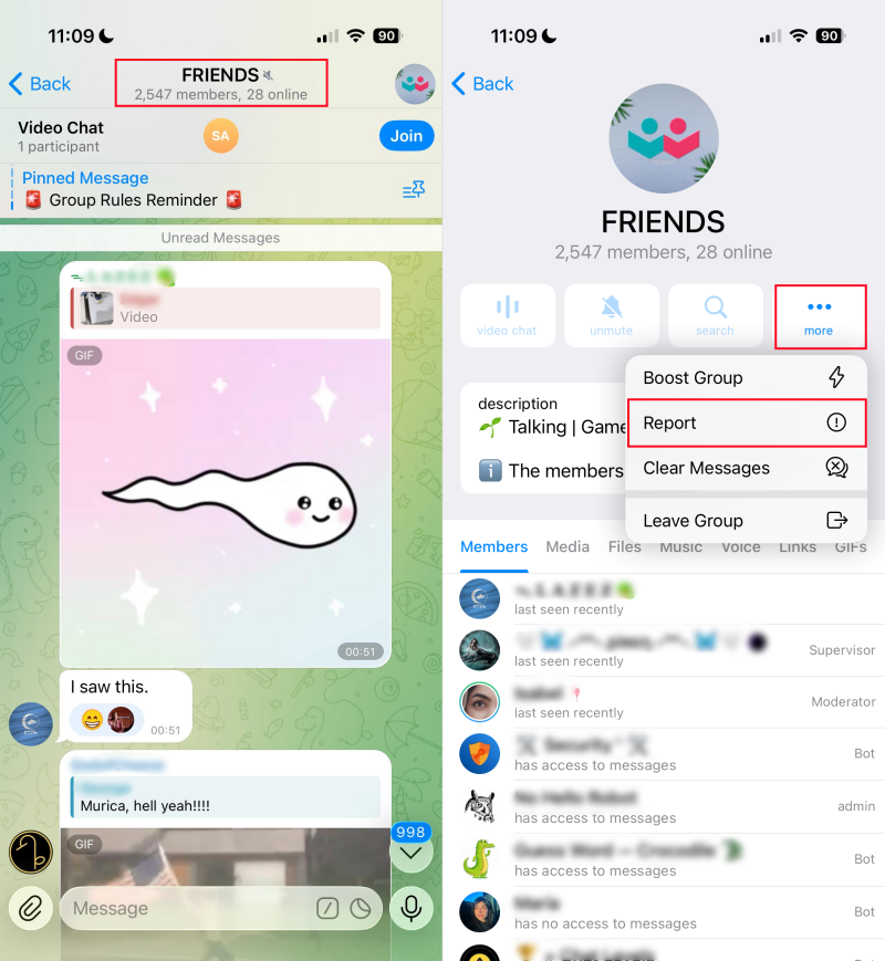 Denunciar grupo no Telegram