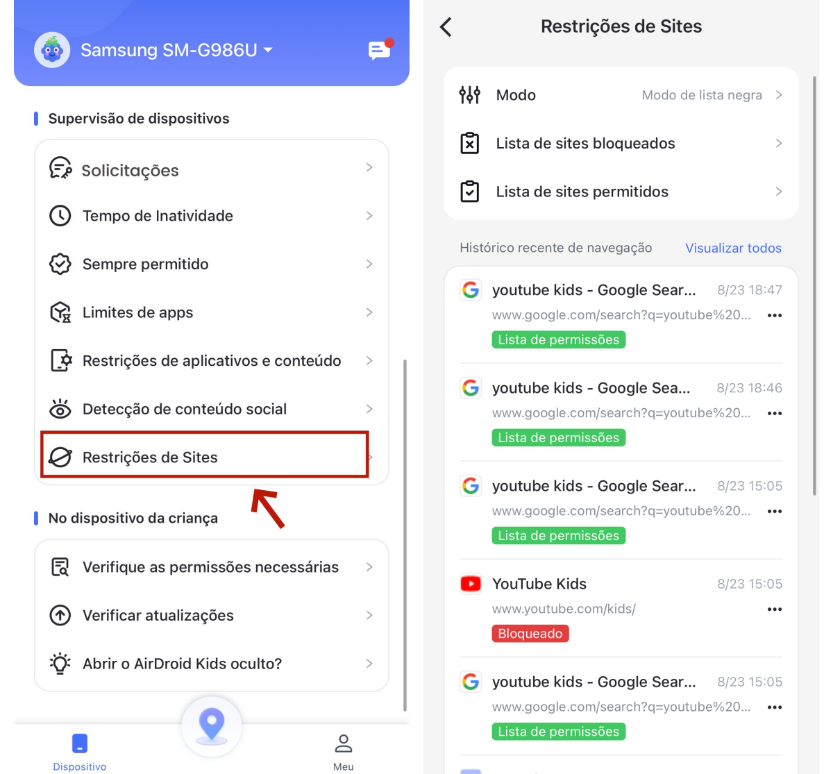 adicionar URL para bloquear um site usando o Controle dos Pais do AirDroid