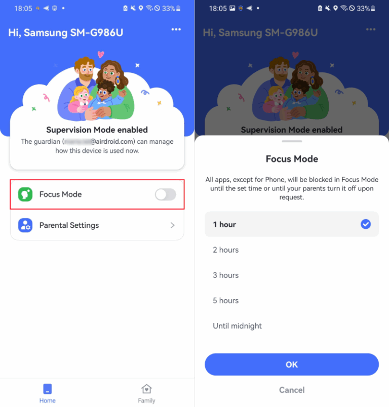 turn on focus mode in AirDroid Kids