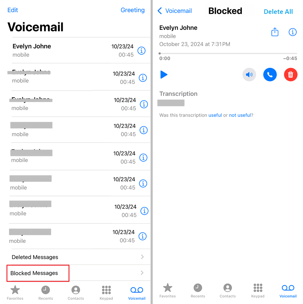 Ver mensagens de voz no Voicemails deixadas por números bloqueados